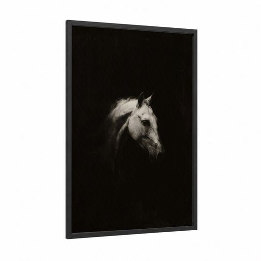 Noble Andalusian framed andalusian horse print — black wood frame — black and white palette
