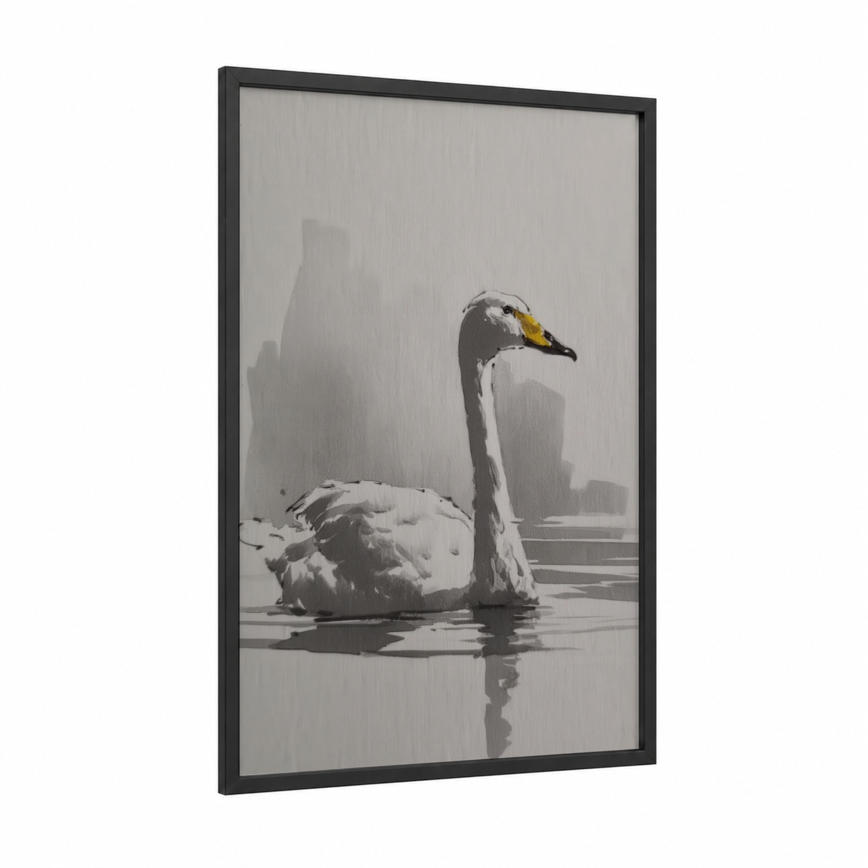 Misty Swan Reflection framed art print — black wood frame — gray and white and gold and white palette