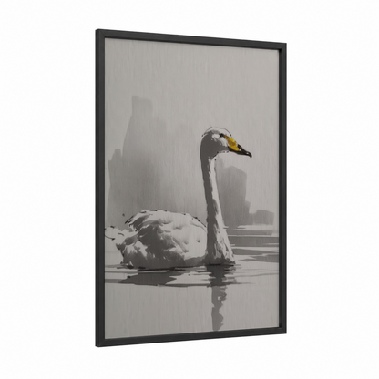Misty Swan Reflection framed art print — black wood frame — gray and white and gold and white palette