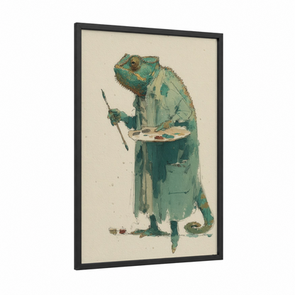 Artist Chameleon framed art print — black wood frame — teal and cream palette