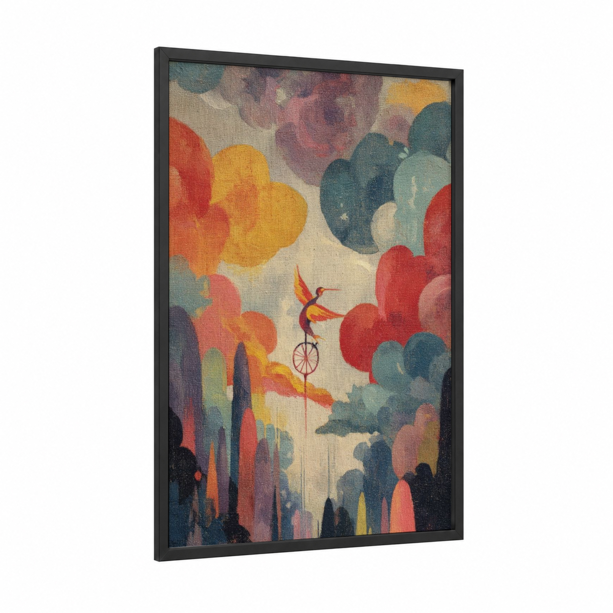 Acrobat Phoenix framed art print — black wood frame — red and gold palette