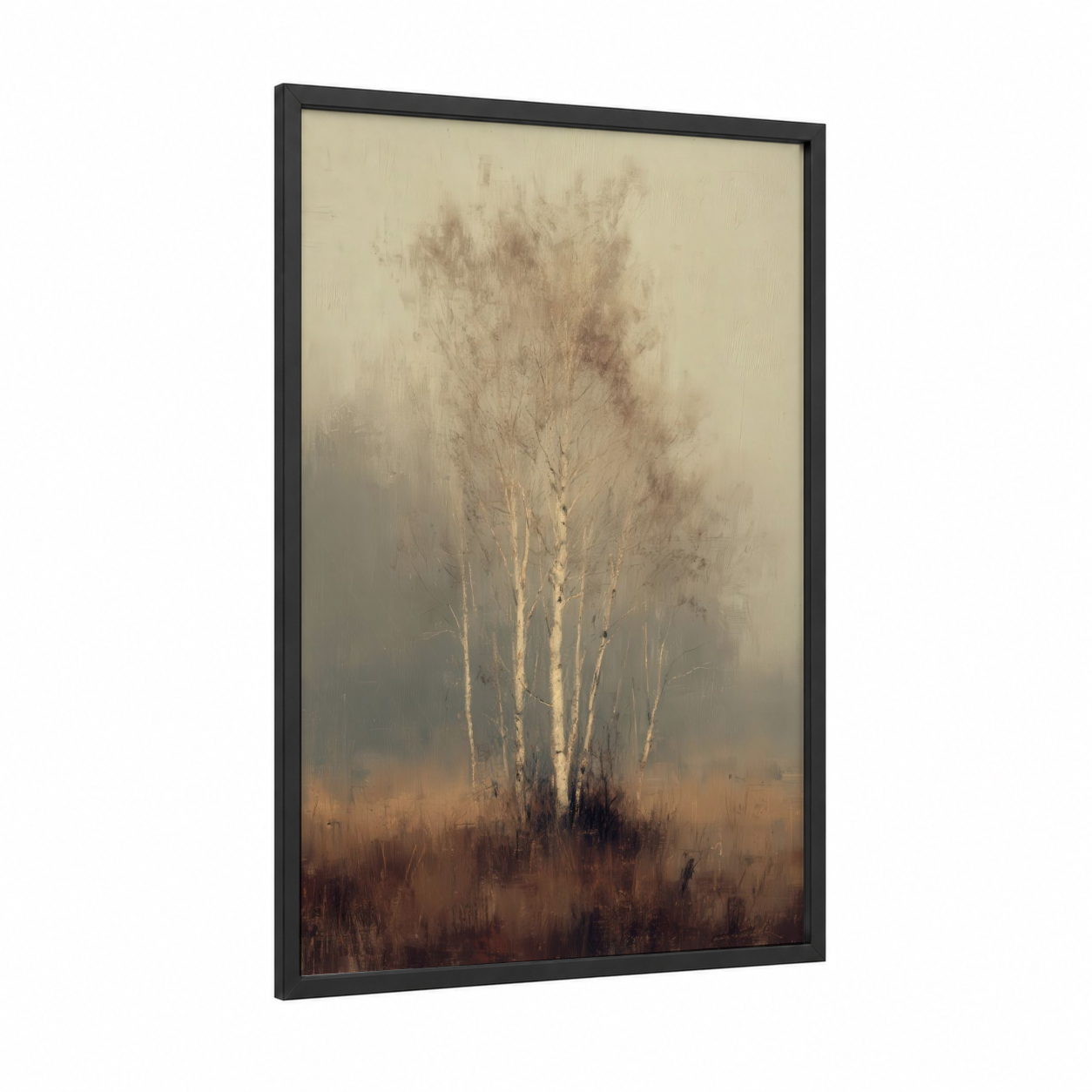 Misty Birch Grove framed birch tree print — black wood frame — beige and gray palette