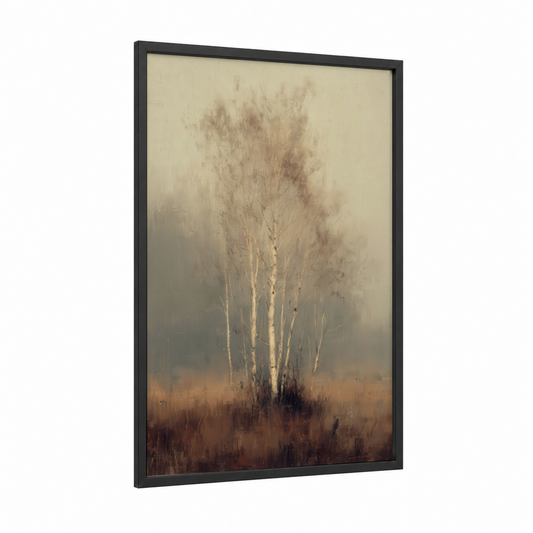 Misty Birch Grove framed birch tree print — black wood frame — beige and gray palette