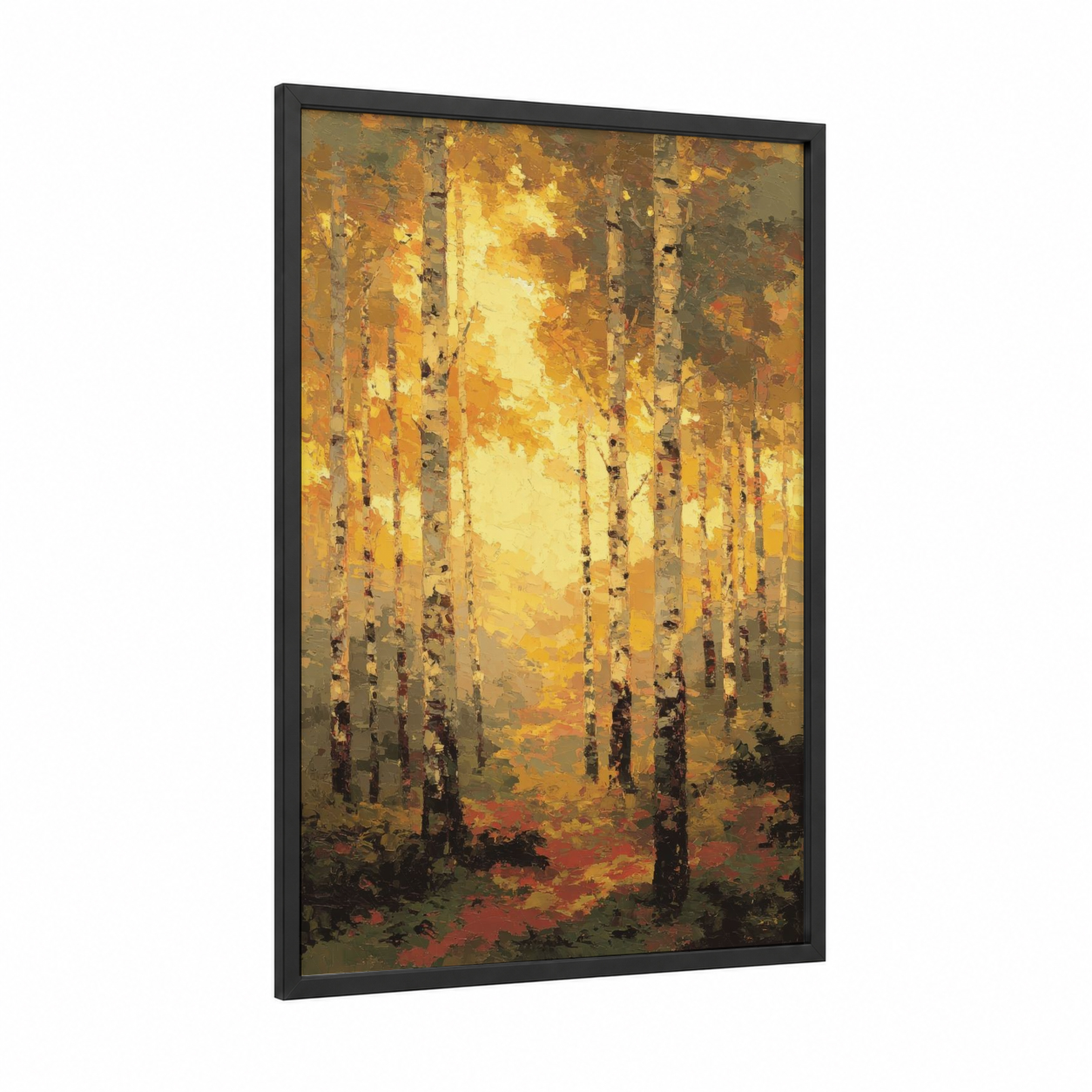 Golden Birch Forest framed art print — black wood frame — gold palette