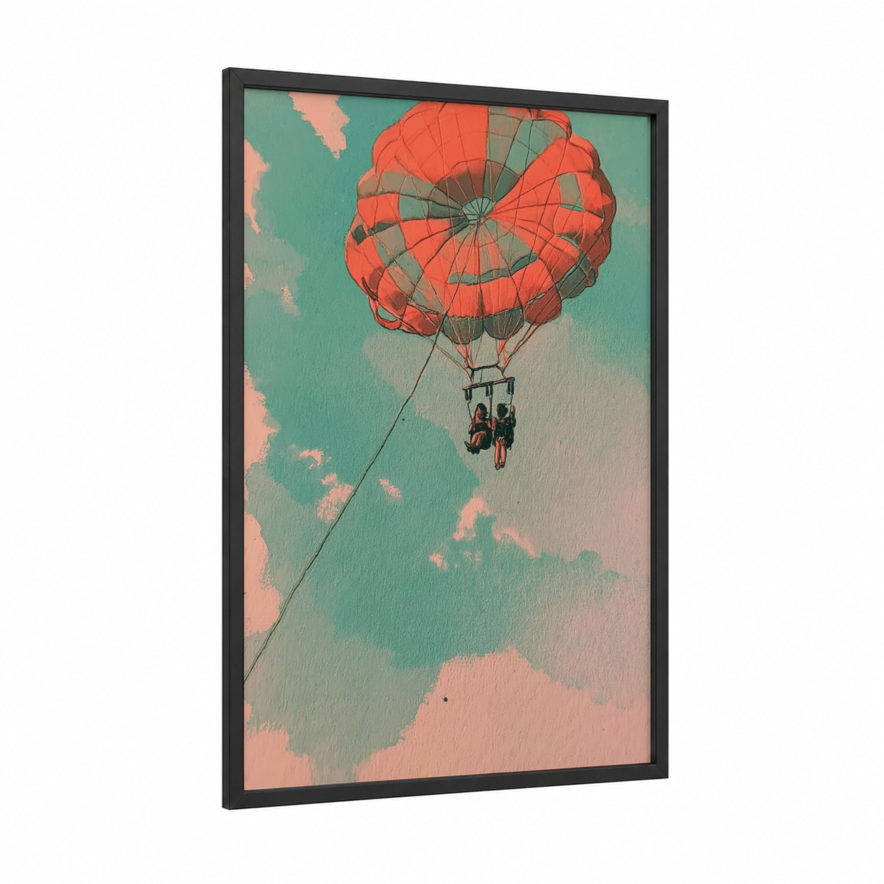 Coral Sky Parasailing framed art print — black wood frame — teal and salmon pink palette