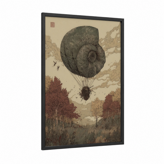 Steampunk Nautilus framed art print — black wood frame — beige and russet palette