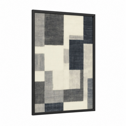 Neutral Blocks framed abstract geometric print — black wood frame — gray and black and white palette