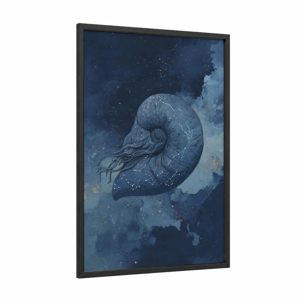 Cosmic Nautilus framed art print — black wood frame — dark blue and gold palette