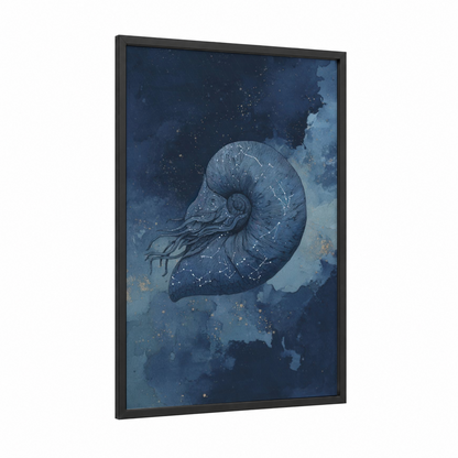 Cosmic Nautilus framed art print — black wood frame — dark blue and gold palette