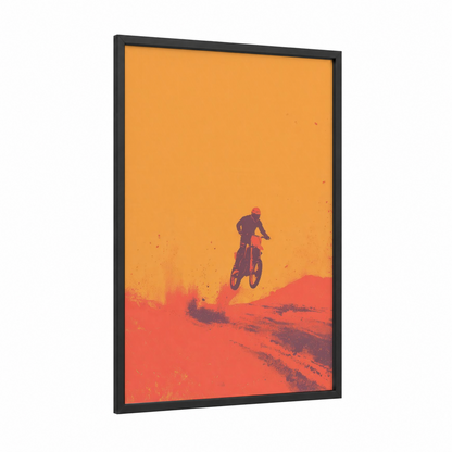 Desert Motocross framed art print — black wood frame — orange and red palette