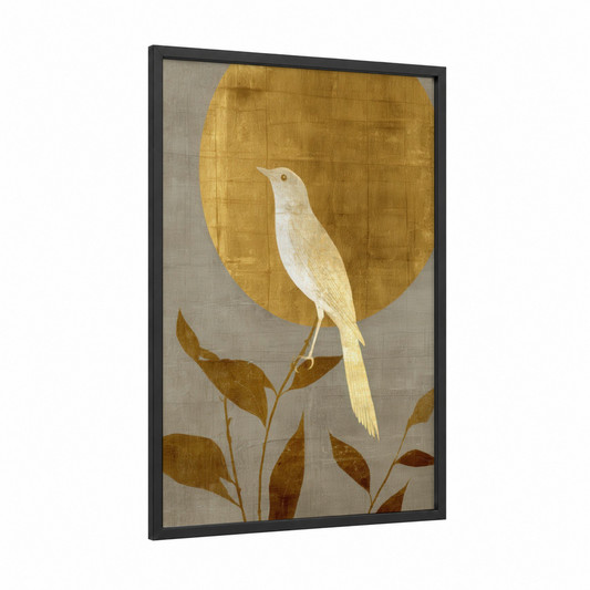 Golden Songbird framed art print — black wood frame — gold and white palette