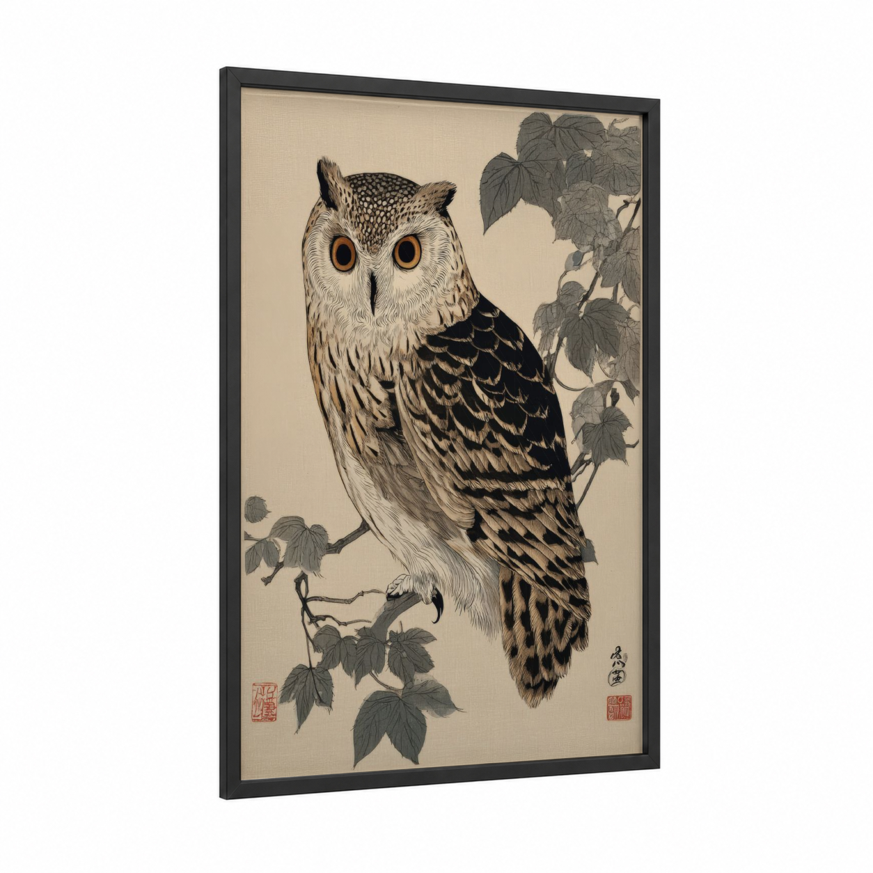 Golden-Eyed Owl framed art print — black wood frame — black and white and cream palette
