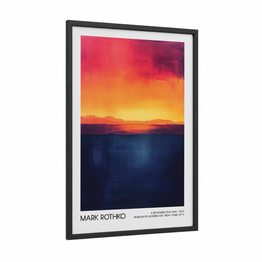 Chromatic Horizon framed abstract classic print — black wood frame — gold and dark blue palette