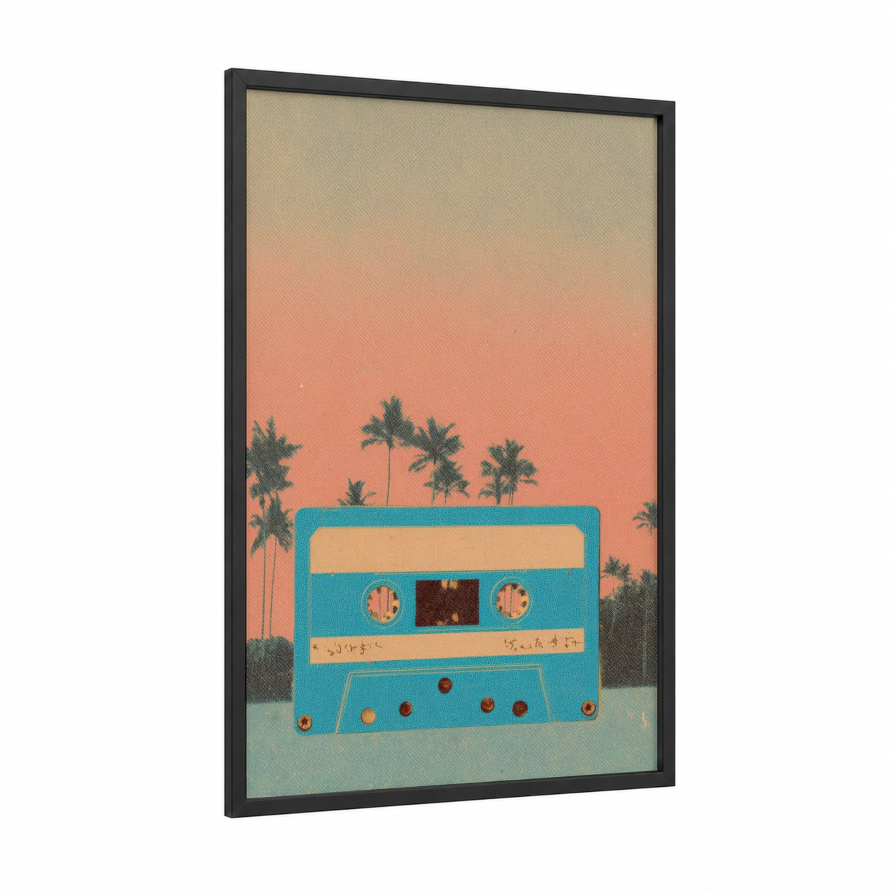 Retro Cassette Sunset framed casette print — black wood frame — peach and teal palette