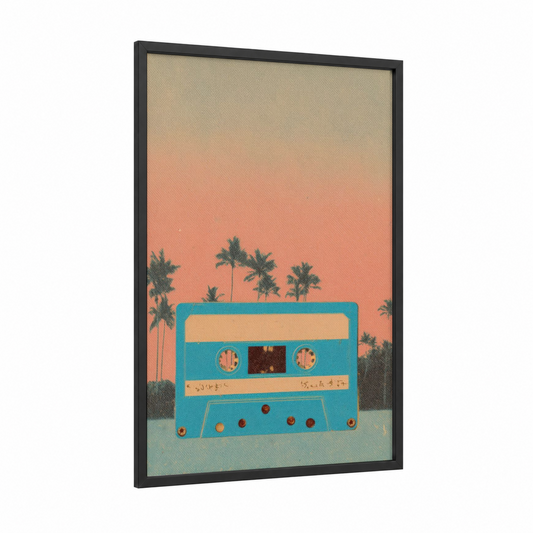 Retro Cassette Sunset framed casette print — black wood frame — peach and teal palette