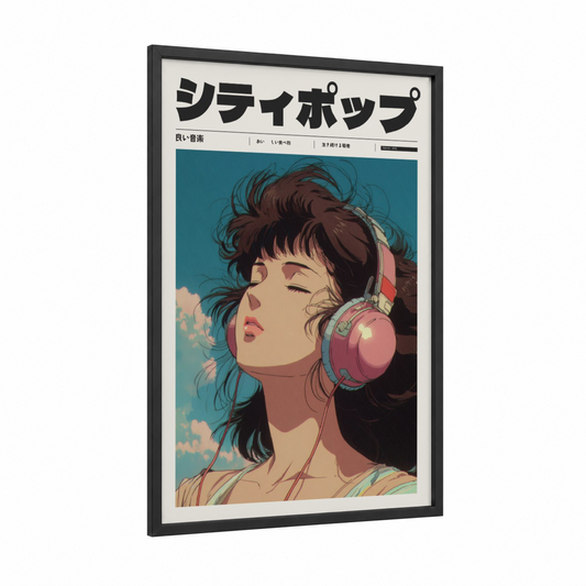 Dreamy Music Listener framed anime and manga print — black wood frame — blue and pink palette