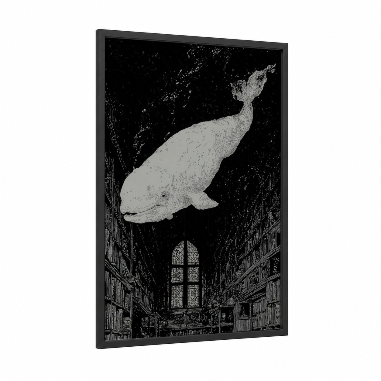 Cathedral Beluga framed beluga whale print — black wood frame — black and white palette