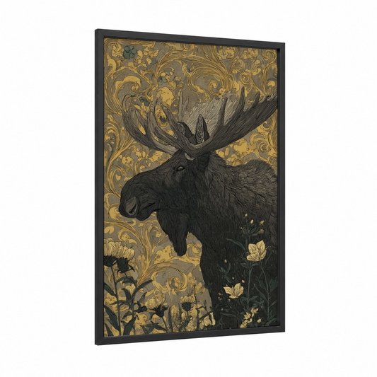 Golden Moose framed art print — black wood frame — gold and black and white palette