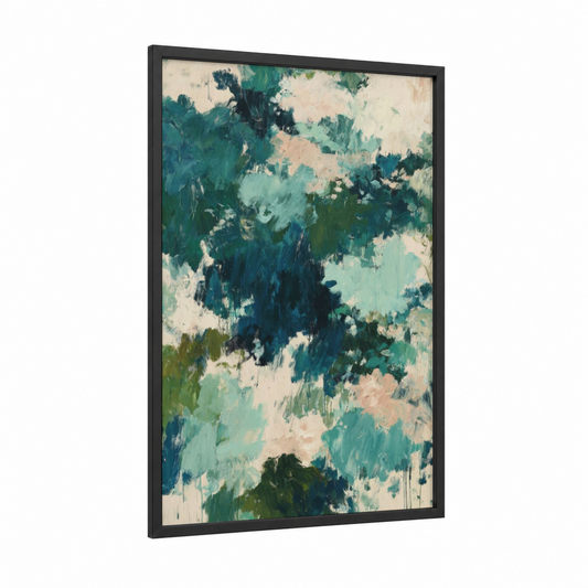 Teal Expressionism framed abstract expressionism print — black wood frame — teal and blue palette