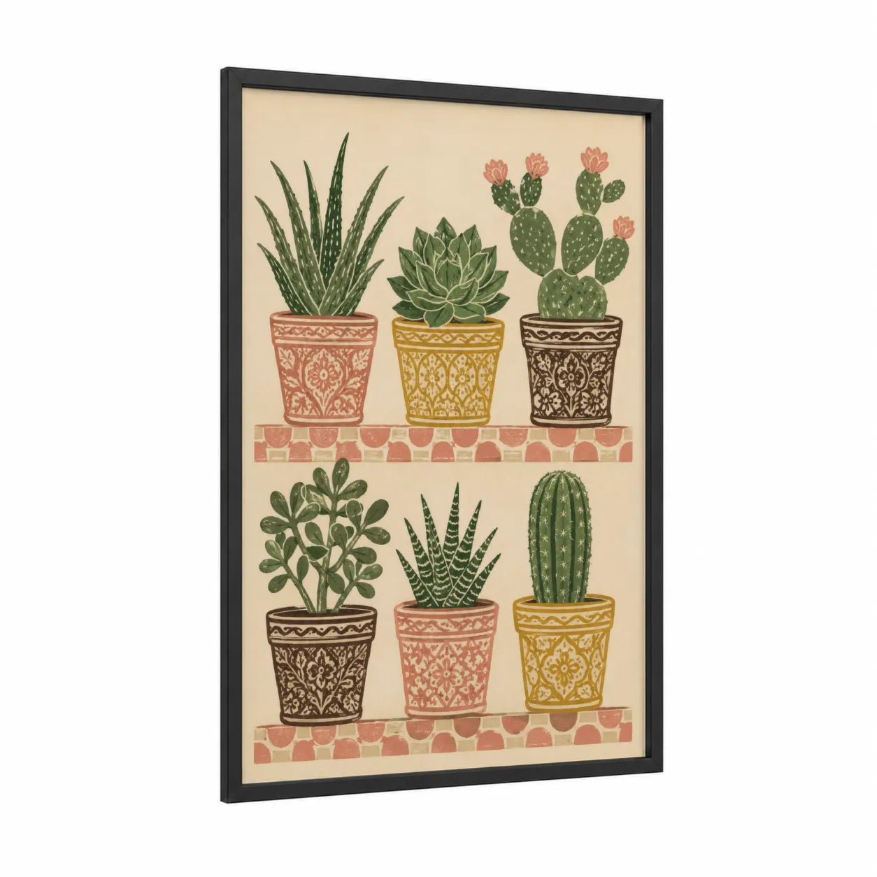 Decorative Potted Succulents Wall Art framed cactus print — black wood frame — beige and green palette