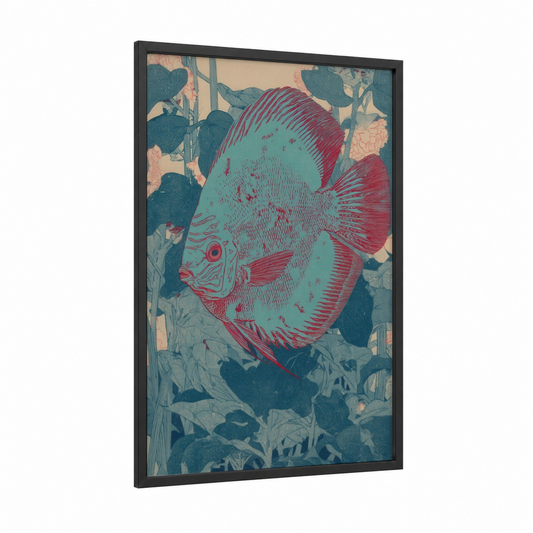 Crimson Discus Fish framed art print — black wood frame — teal and red palette