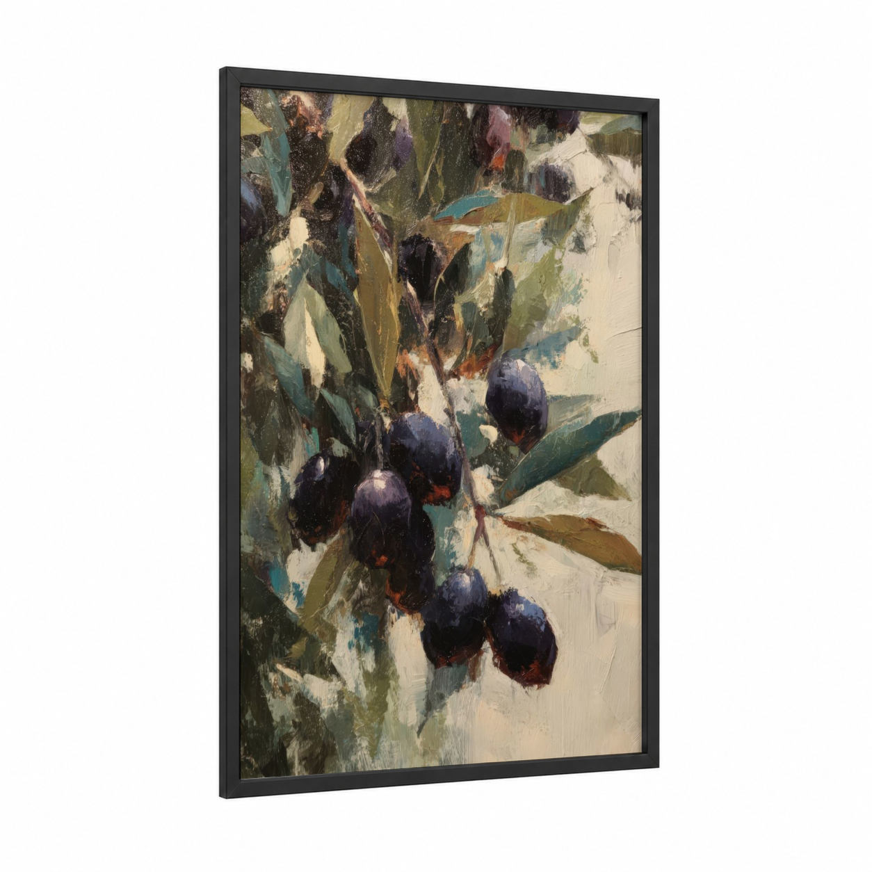 Tuscan Olives framed olive tree print — black wood frame — dark green and cream palette