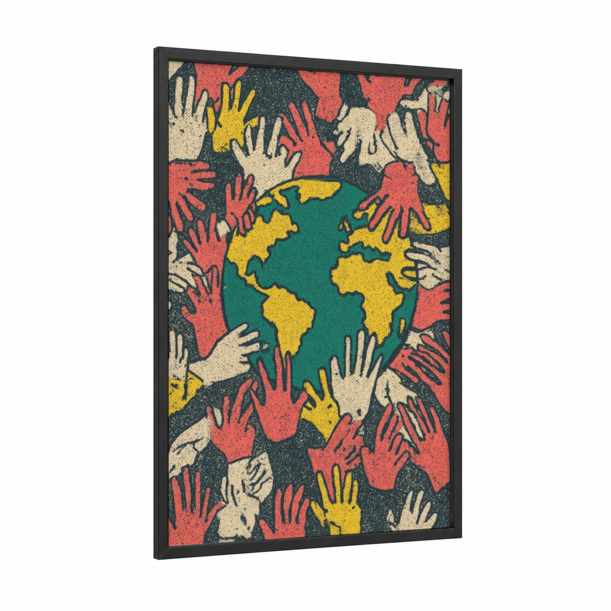 Global Unity Hands framed earth day print — black wood frame — red and yellow gold palette