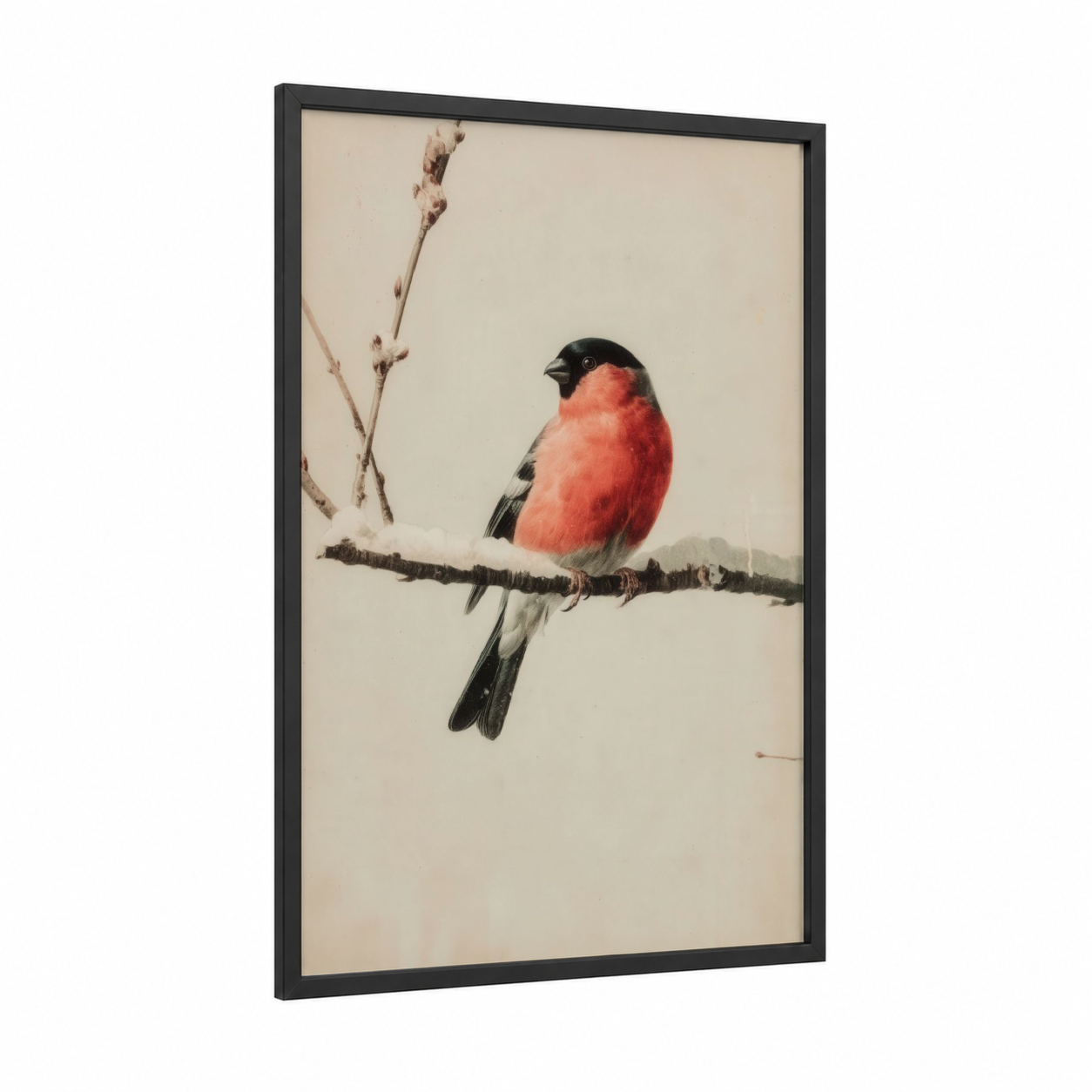 Snowy Finch framed art print — black wood frame — salmon pink and beige palette