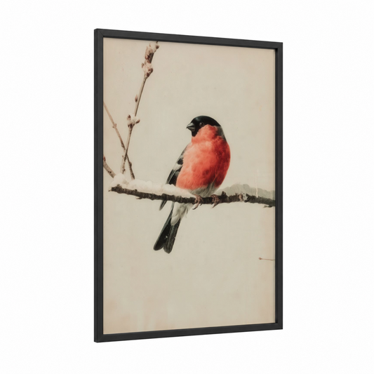 Snowy Finch framed art print — black wood frame — salmon pink and beige palette