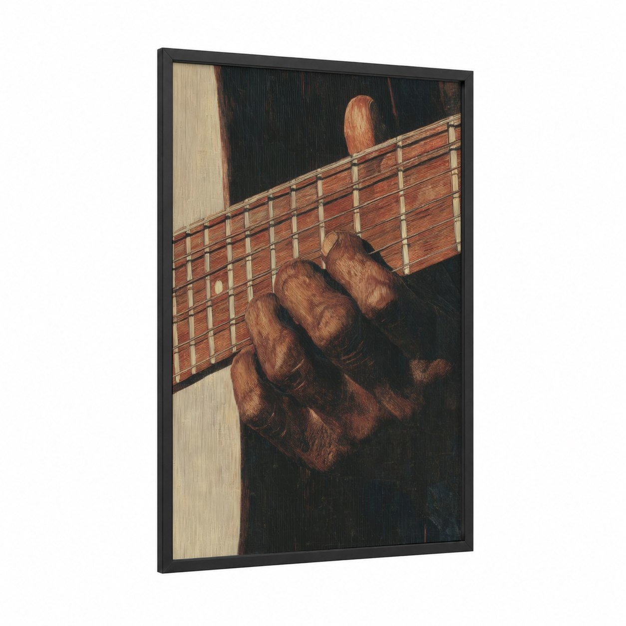 Blues Guitarist framed art print — black wood frame — russet and black palette