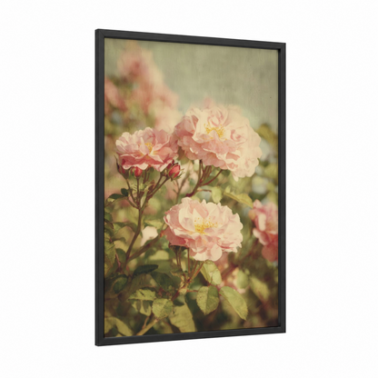Vintage Garden Roses framed art print — black wood frame — pink and sage green palette