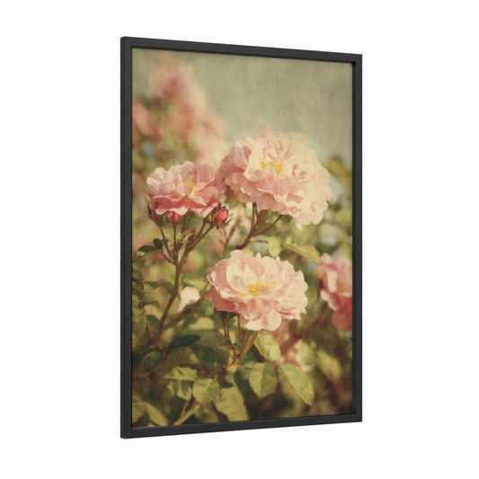 Vintage Garden Roses framed art print — black wood frame — pink and sage green palette
