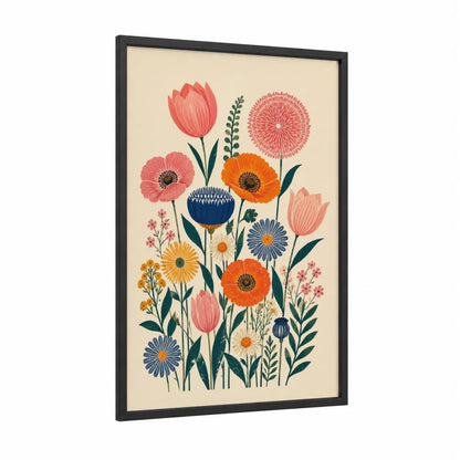 Retro Botanical Garden Wall Art framed flower print — black wood frame — peach and orange palette
