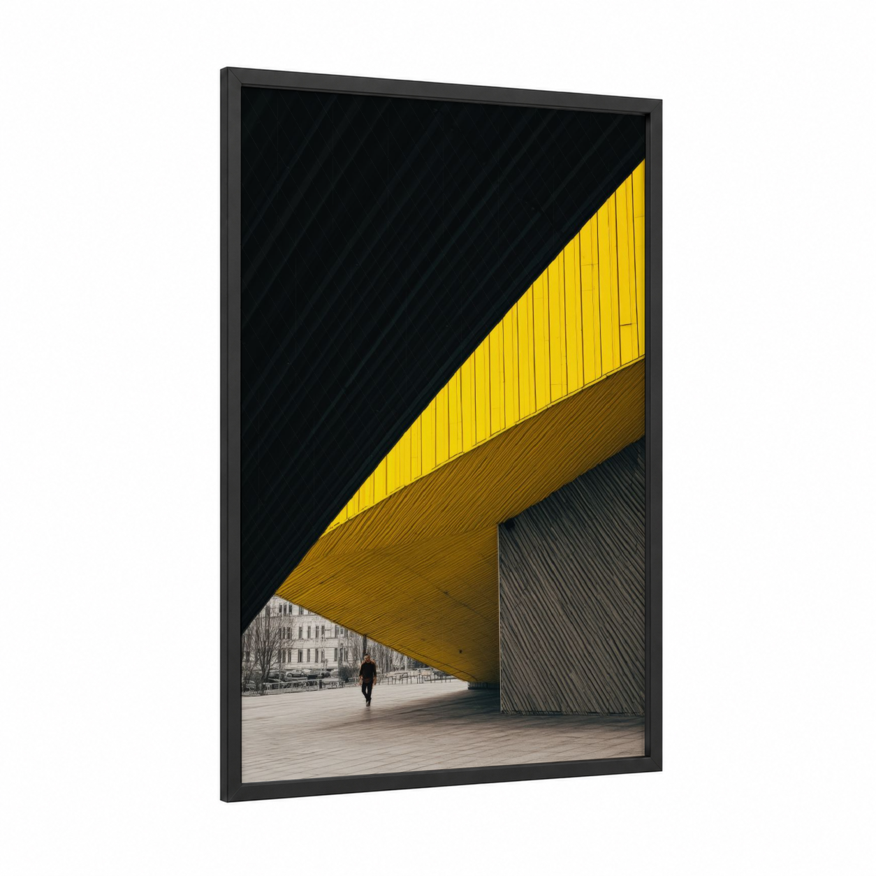 Golden Overhang framed abstract architecture print — black wood frame — yellow gold and black palette
