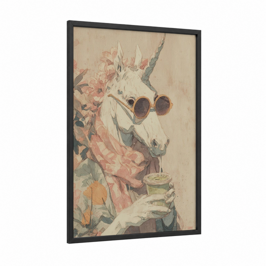 Fashionable Unicorn framed unicorns print — black wood frame — cream and salmon pink palette