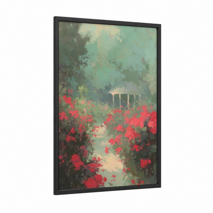 Romantic Garden Gazebo framed valentine's day print — black wood frame — red and sage green palette