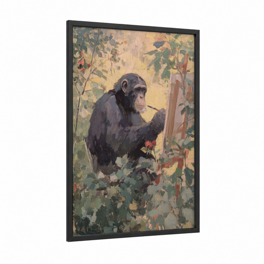 Curious Chimpanzee framed monkey print — black wood frame — gold and green palette