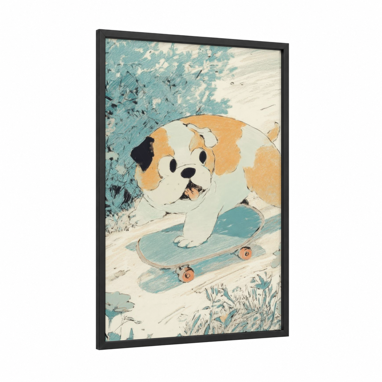 Skateboarding Bulldog framed art print — black wood frame — teal and peach palette