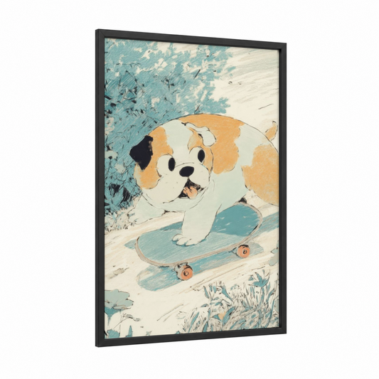 Skateboarding Bulldog framed art print — black wood frame — teal and peach palette
