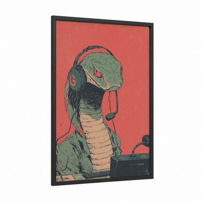 Headphone Cobra framed art print — black wood frame — salmon pink and dark green palette