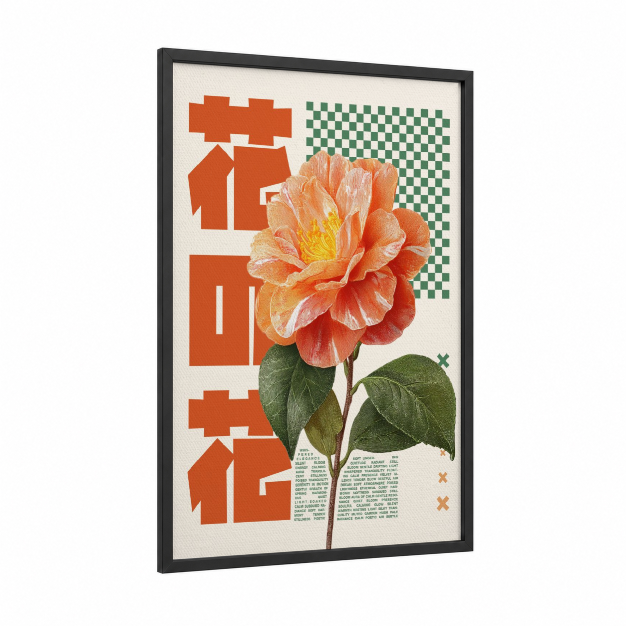 Coral Bloom Y2K framed japanese y2k print — black wood frame — red and true green palette