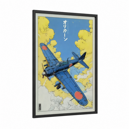 Blue Orient framed vintage airplane print — black wood frame — blue and yellow gold palette