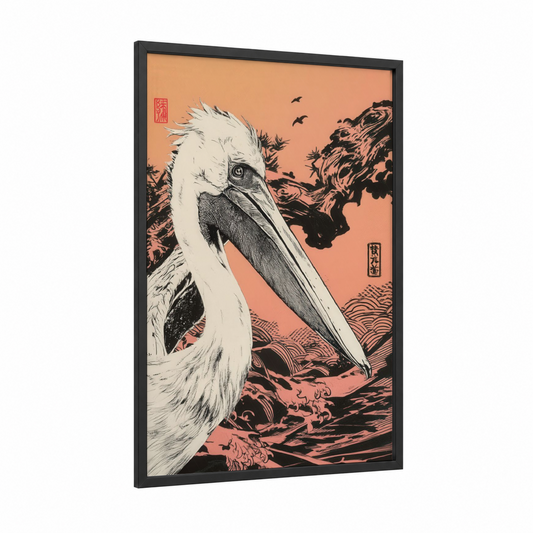 Coastal Pelican framed art print — black wood frame — peach and black and white palette