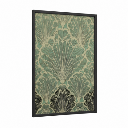 Seafan Coral Pattern framed art print — black wood frame — sage green and cream palette