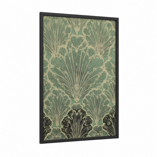 Seafan Coral Pattern framed art print — black wood frame — sage green and cream palette