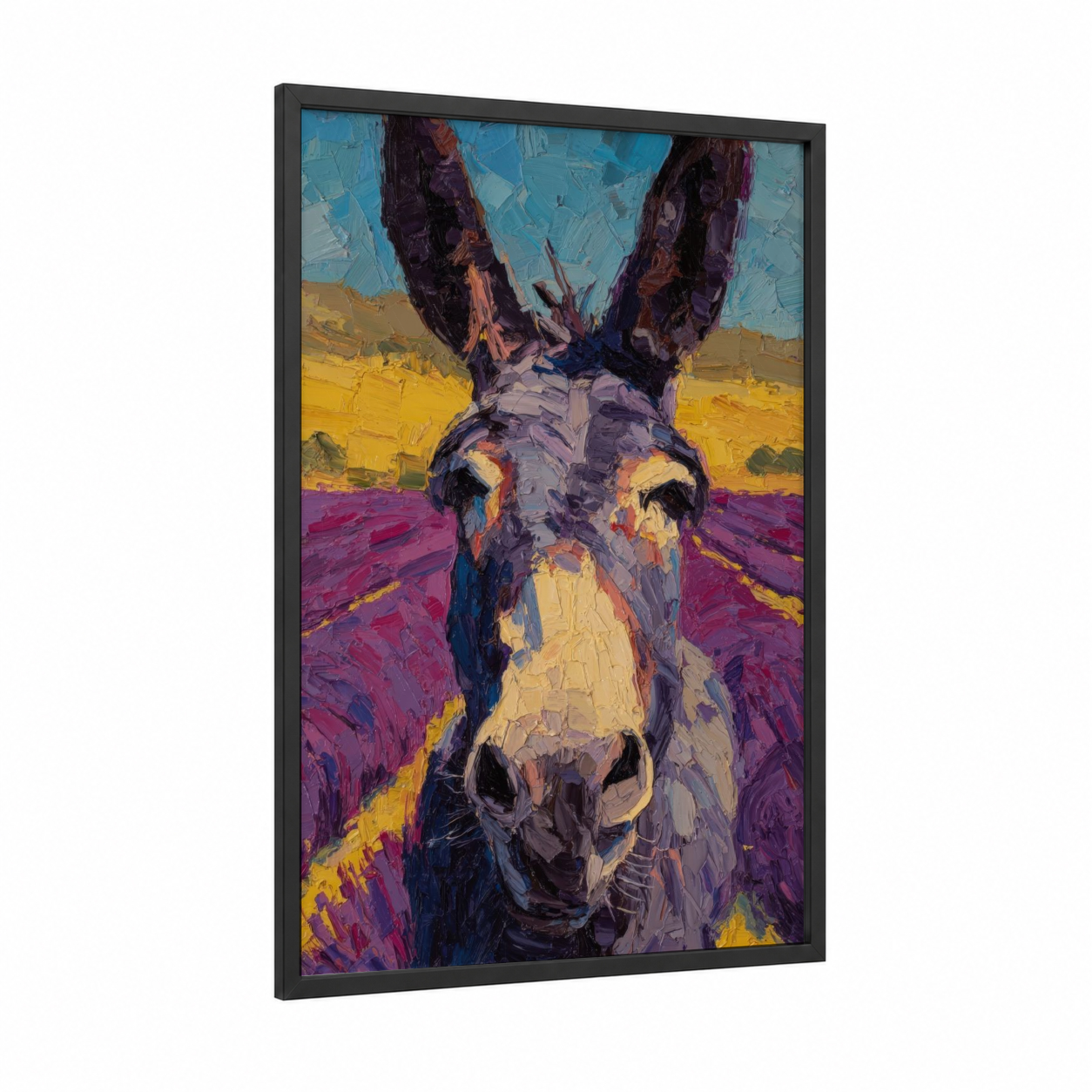 Desert Mule Portrait framed art print — black wood frame — blue and gold palette