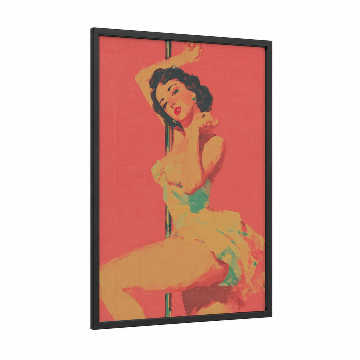 Crimson Pole Dancer framed pole dancing print — black wood frame — red and gold palette