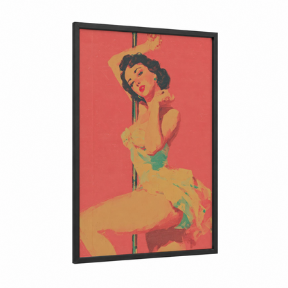 Crimson Pole Dancer framed pole dancing print — black wood frame — red and gold palette