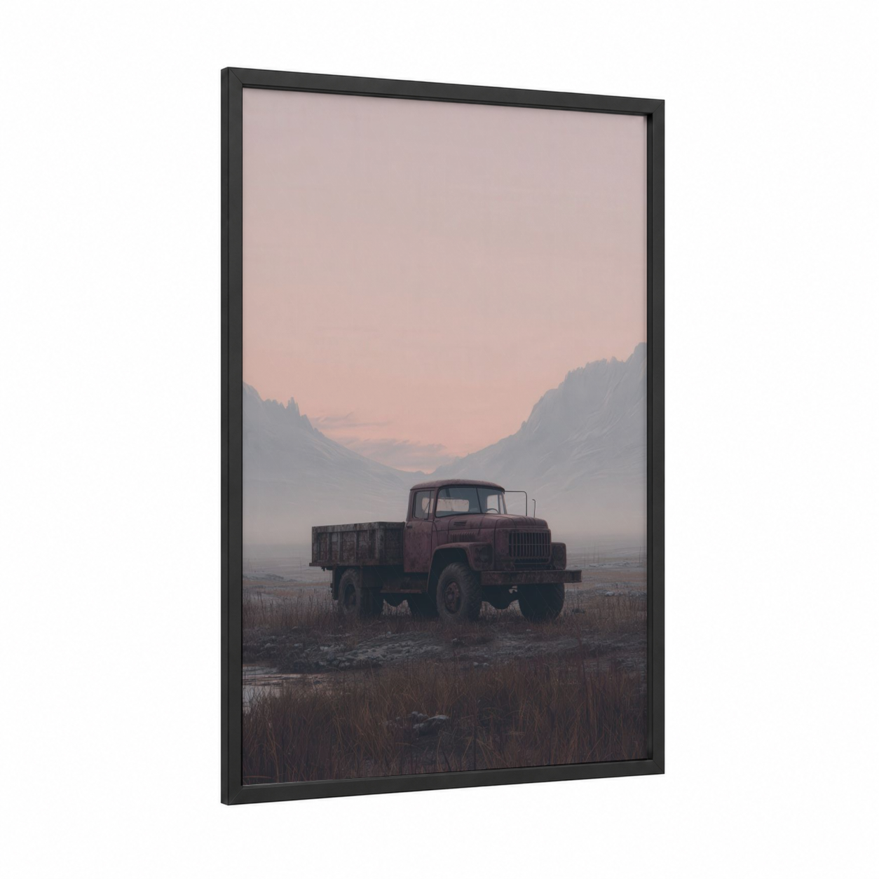 Vintage Truck Dawn framed art print — black wood frame — dove gray and peach palette