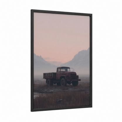 Vintage Truck Dawn framed art print — black wood frame — dove gray and peach palette